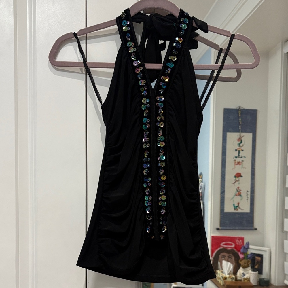 Black Halter Top with Sequin Details